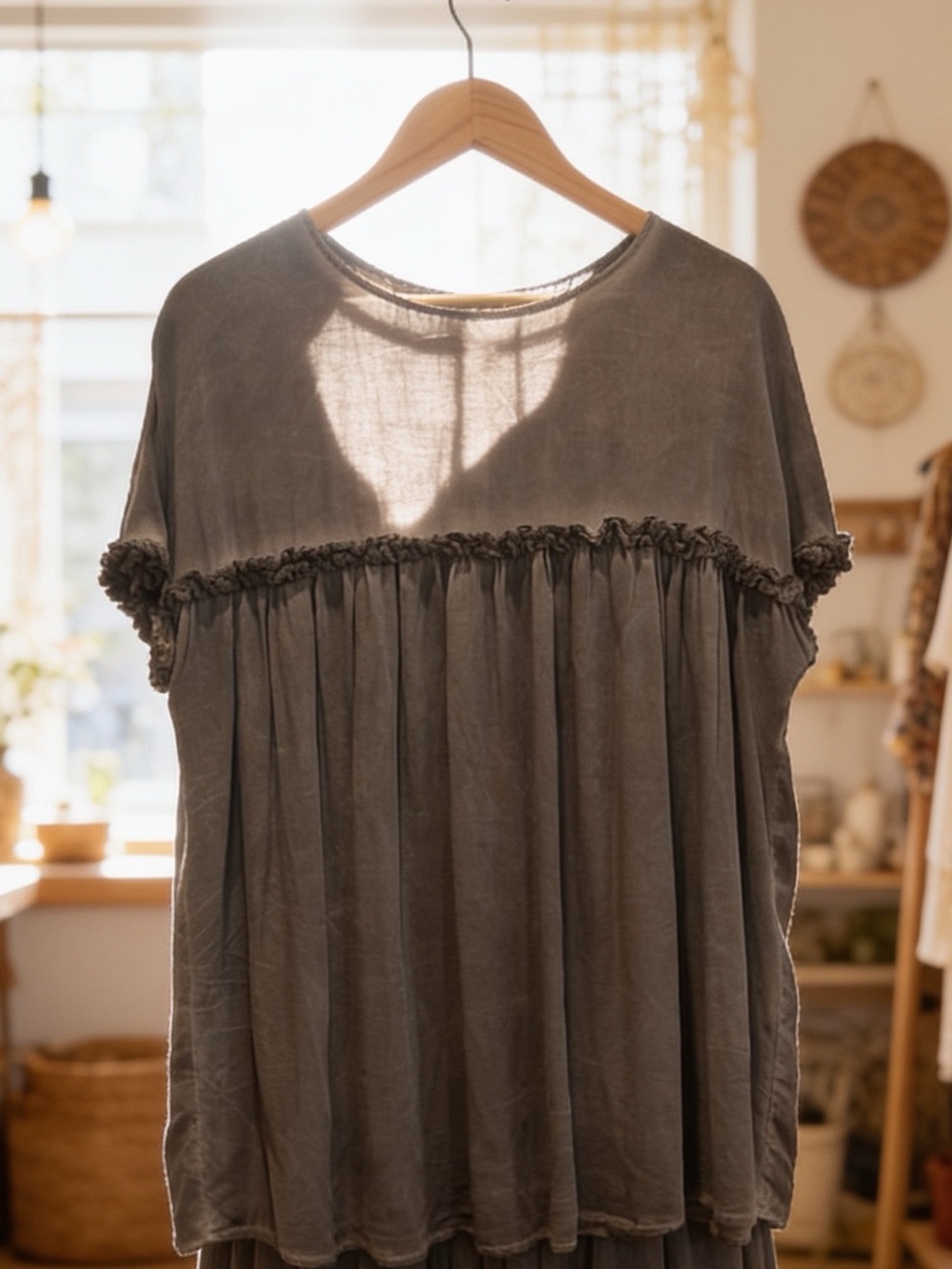 She + Sky Washed Black Ruffle-Trim Short Sleeve Tunic